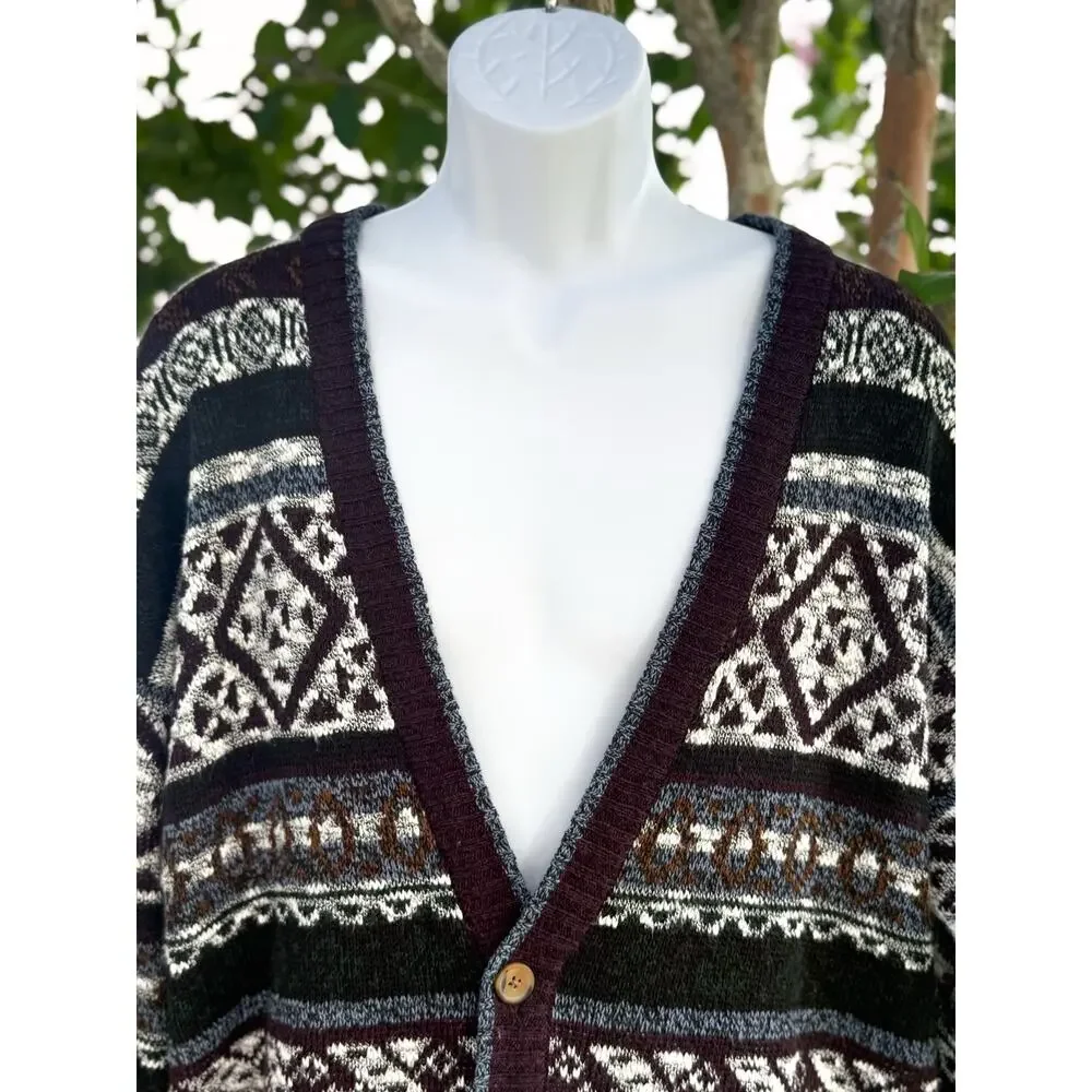 Vintage Michael Gerald Cardigan Sweater L Geometric Fair Isle Grandpa Knit 90s